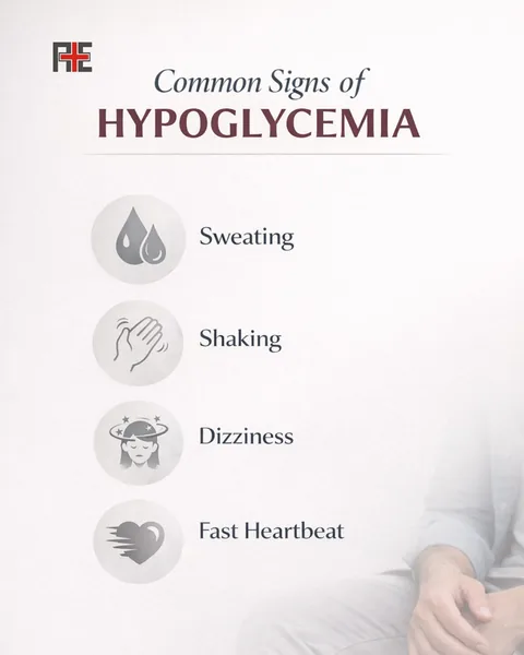 Common signs of hypoglycemia: sweating, shaking, dizziness and fast heartbeat